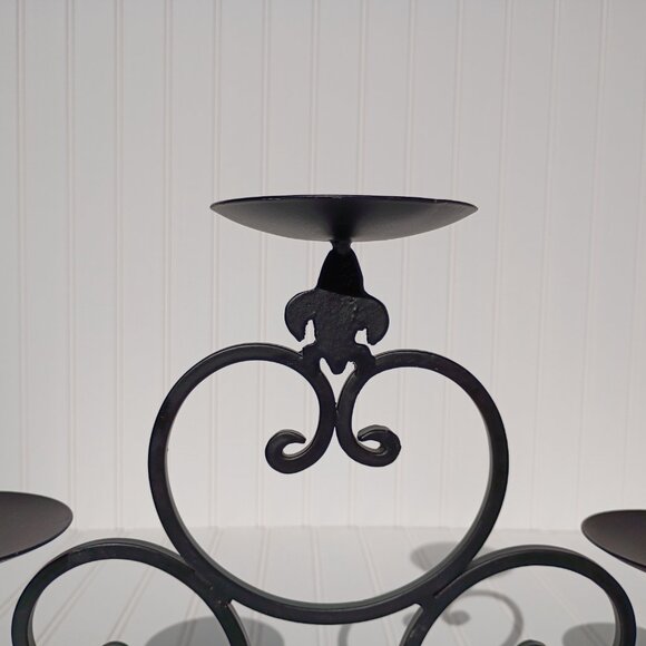 3 Tiered Iron Candelabra Black Metal Pillar Candle Centerpiece Fleur de Lis Vtg - Picture 3 of 8